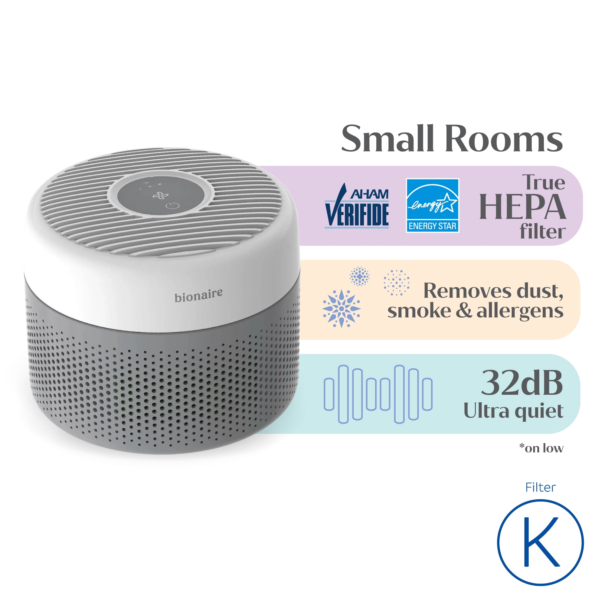 Bionaire True HEPA Air Purifier for Small Rooms Up to 345 sq. ft with 3-Speed, 360° Air Intake, Digital Controls and Removes 99.97% of Airborne Particles - Whit