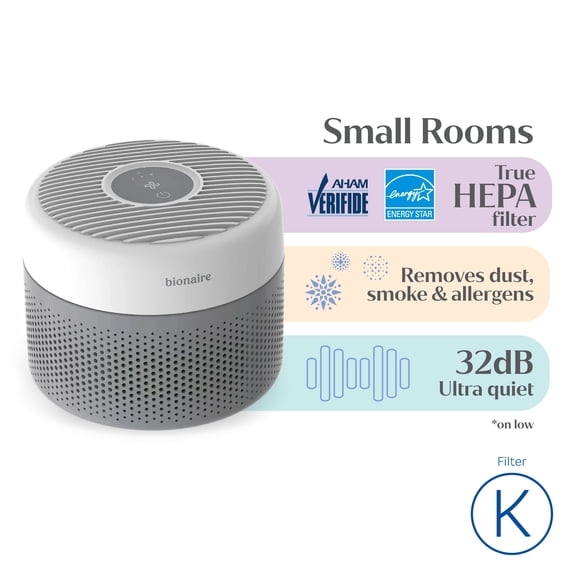 Bionaire True HEPA Air Purifier for Small Rooms Up to 345 sq. ft with 3-Speed, 360° Air Intake, Digital Controls and Removes 99.97% of Airborne Particles - White