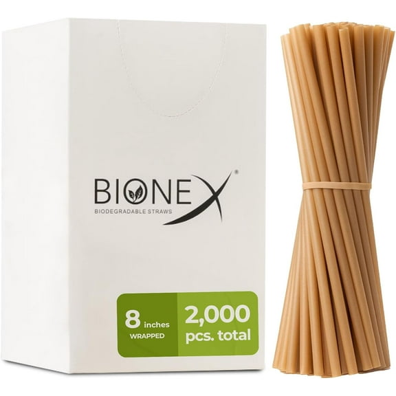 Bionex Biodegradable 8-Inch Sugarcane Drinking Straws, Disposable Plastic and Paper Straw Alternative, 2,000 Count