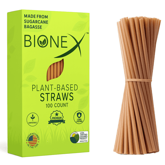 Bionex 8" Sugarcane Drink Straws Biodegradable, Compostable, Unwrapped, Made in USA 100 ct. Eco Friendly Alternative to Plastic Straw (Pack of 1, 100 Count per Pack)