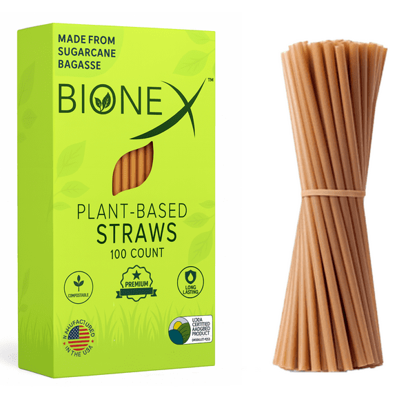 Bionex 8" Sugarcane Drink Straws Biodegradable, Compostable, Made in USA 100 ct. Eco Friendly Alternative to Plastic Straw (Pack of 1, 100 Count per Pack)