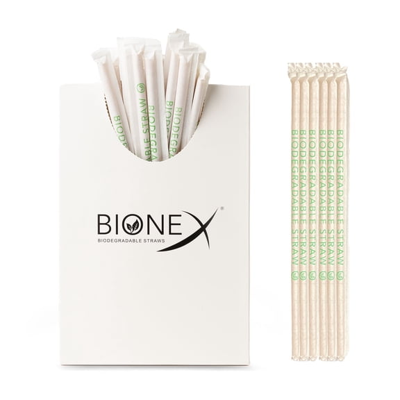 Bionex Biodegradable Compostable Sugarcane Drinking Straws - 8 Inch, 300 Count, Wrapped