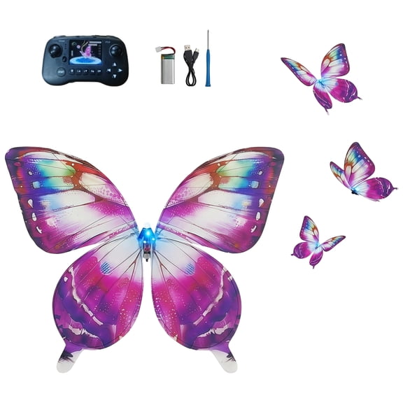 Bionic Butterfly RC Ornithopter Drone with Flapping Wings, 2.4GHz Remote Control Flying Butterfly Toy with LED and Gyro Stabilization for Teens Adults Outdoor Fun, Rainbow or Purple