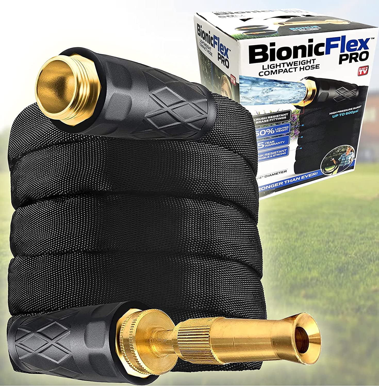 Bionic Flex Pro 25ft Black Polyester Garden Hose with Brass Nozzle