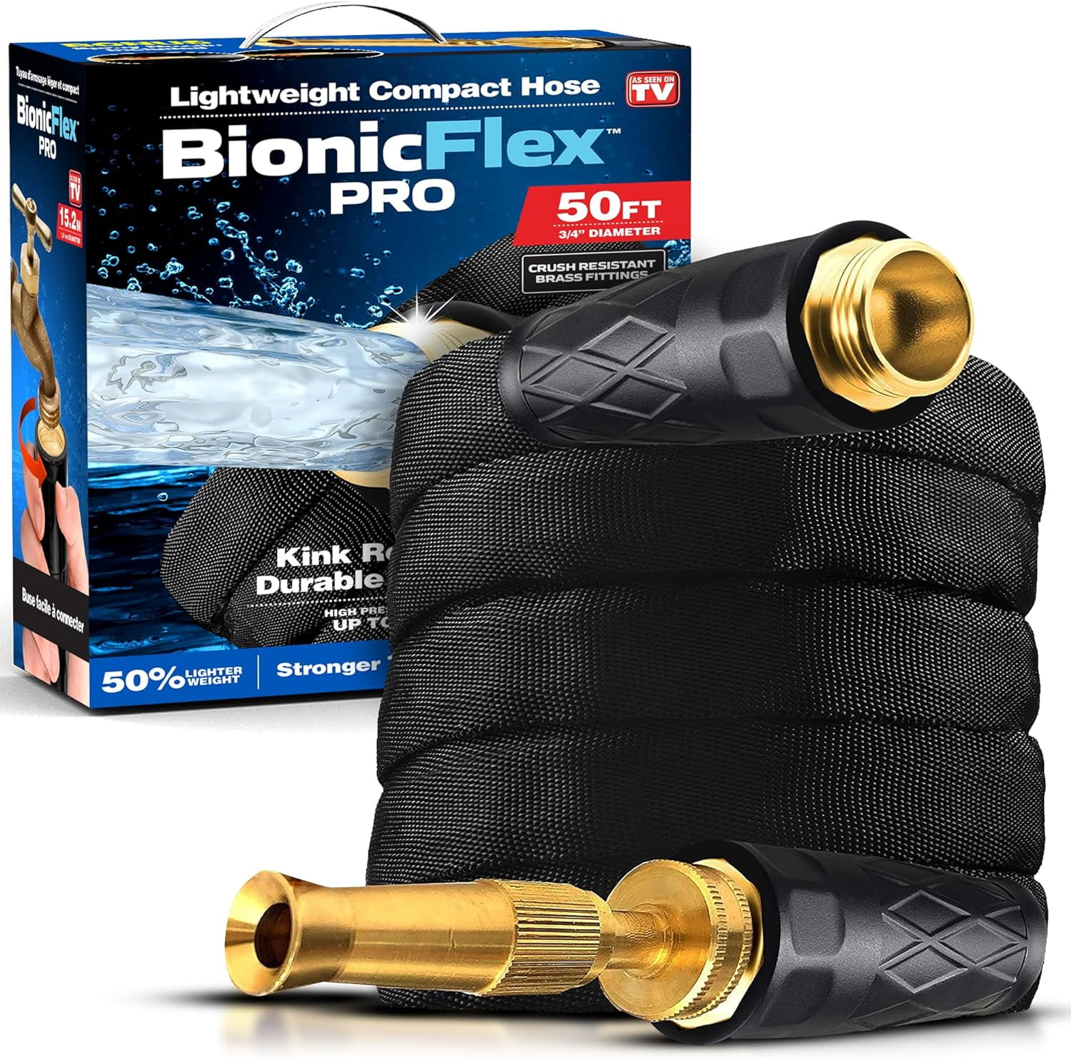 50ft Black Polyester Garden Hose with Brass Fittings