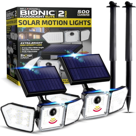 Open Box Bionic Flood Light 2 Pk Solar Lights Outdoor Waterproof, Ultra Bright 89 LEDs, 3 Heads Wide Angle Motion Sensor Outdoor Lights for Security, Wall, House, Spot Light, IP65 Waterproof Stakes Included