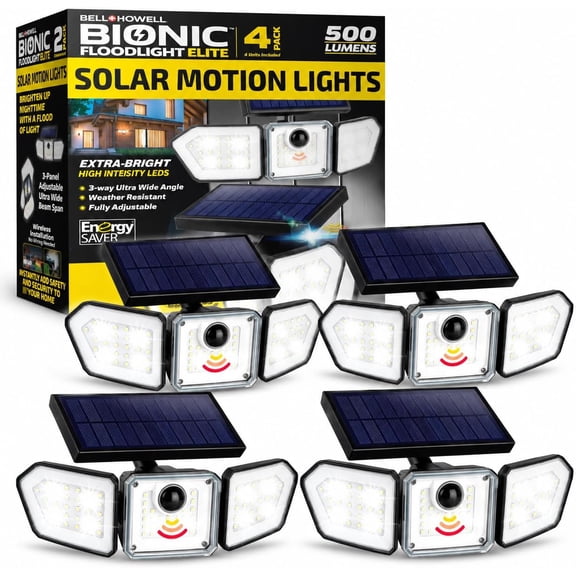 Bionic Flood Light 4 Pk Solar Lights Outdoor Waterproof, Ultra Bright 89 LEDs, 3 Heads Wide Angle Motion Sensor Outdoor Lights for Security, Wall, House, Spot Light, IP65 Waterproof – Stakes Included