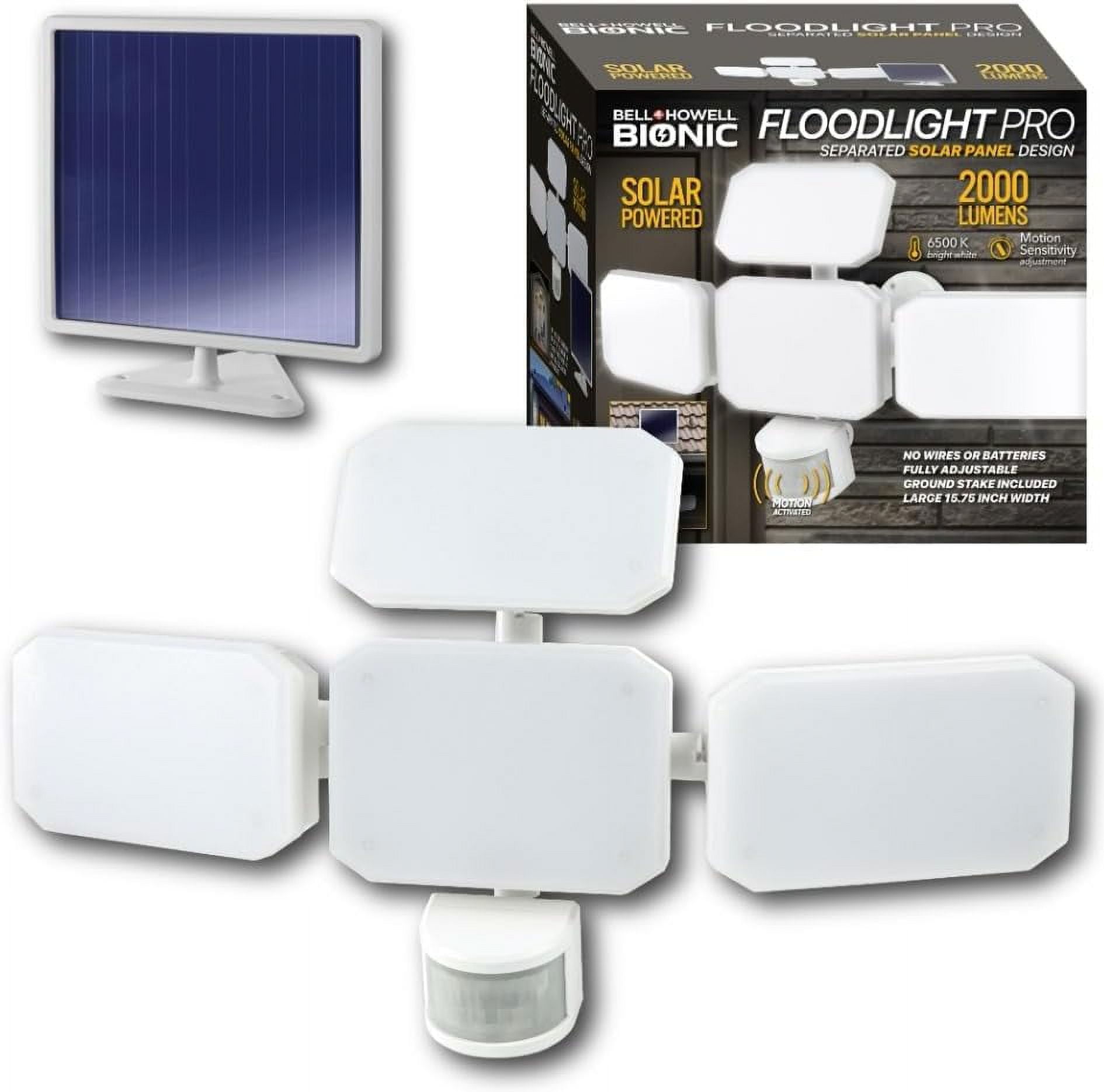 Bell+Howell Solar Powered Motion Sensing Bionic Floodlight, 6500K White 2000 Lumens