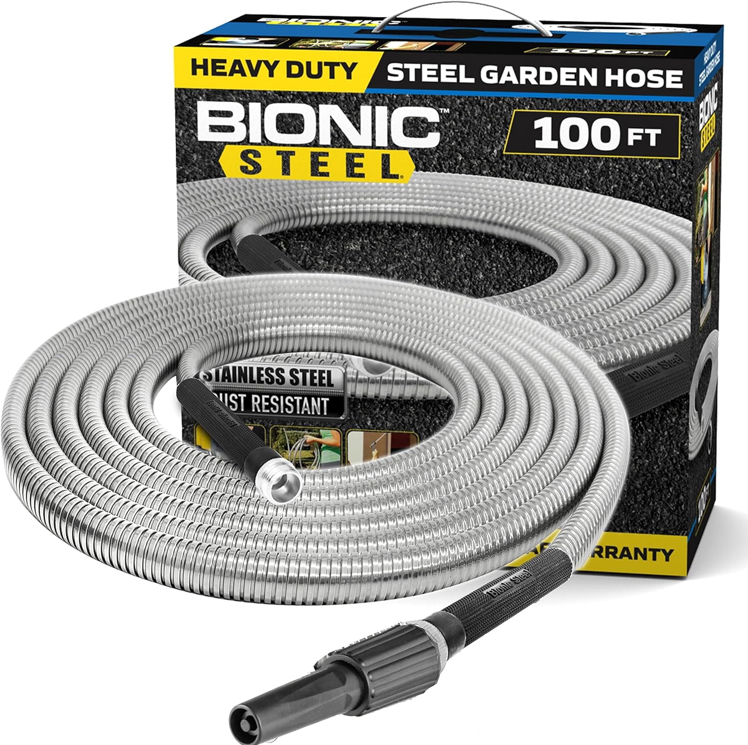 Bionic Steel Garden Hose 100' ft Water Hose For Outside Heavy Duty Metal Hose Stainless Steel with Spray Nozzle Kink-Free