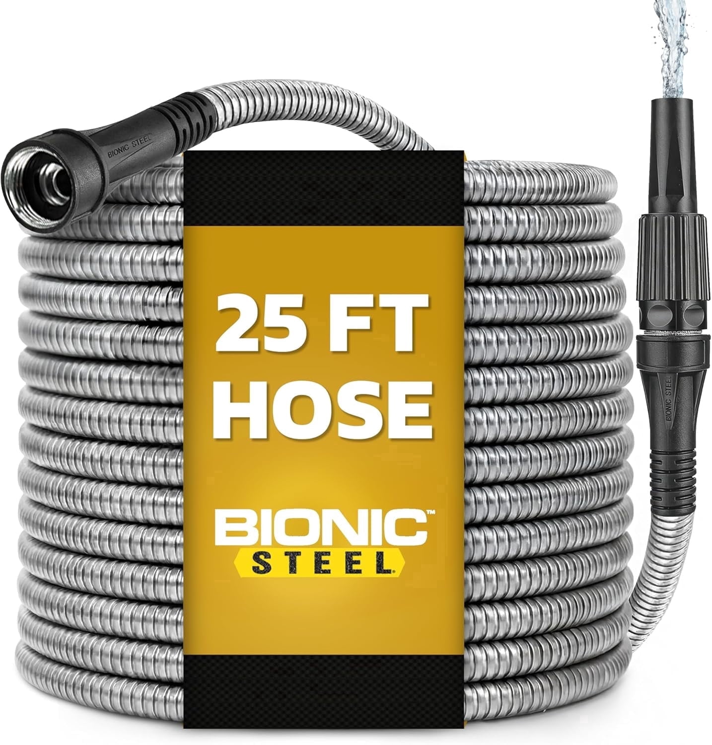 BIONIC STEEL 25 Ft Metal Garden Hose with Sprayer Nozzle, Non Kinking Designed Stainless Steel Heavy Duty Water Hose 100 Ft x 5/8 in. Flexible NON Expandable for Uninterrupted Water Flow, 500 PSI
