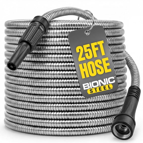 BIONIC STEEL 25 Ft Metal Garden Hose with Sprayer Nozzle, Non Kinking Designed Stainless Steel Heavy Duty Water Hose 100 Ft x 5/8 in. Flexible NON Expandable for Uninterrupted Water Flow, 500 PSI