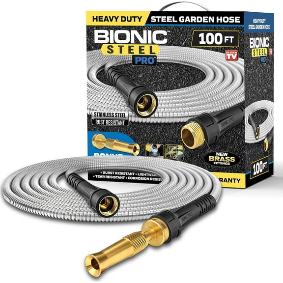 Bionic Steel PRO 100 Ft Garden Hose with Nozzle, Premium 304 Stainless Steel Metal Water Hose 100Ft Flexible Hose, Rust Proof, Lightweight, Heavy Duty, Crush Resistant Fittings, 500 PSI, 2025 Model