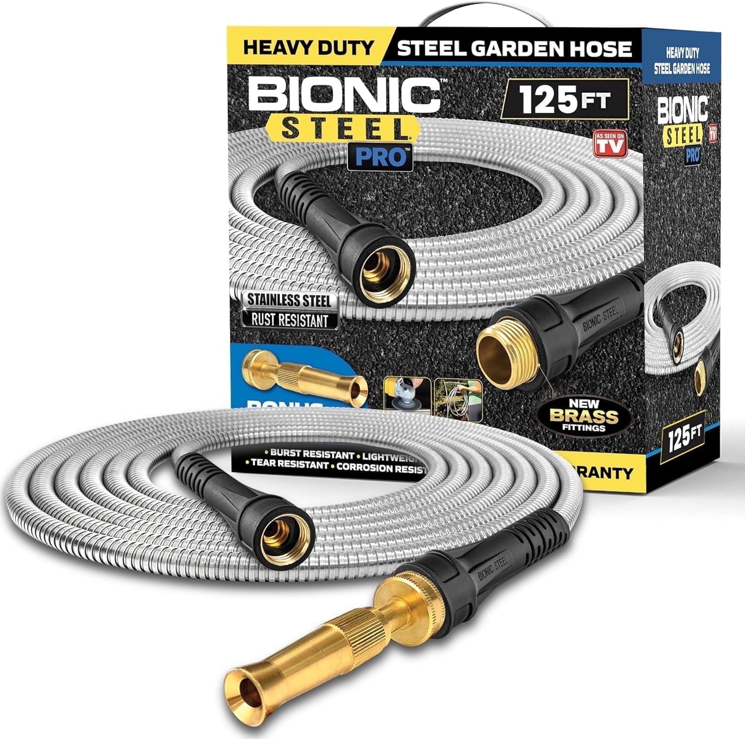 Bionic Steel Pro 125 FT Garden Hose with Nozzle, 304 Stainless Steel Metal Water Hose 125Ft, Flexible Hose, Kink Free, Lightweight and Durable, Crush Resistant Fitting, Easy to Coil, 500PSI