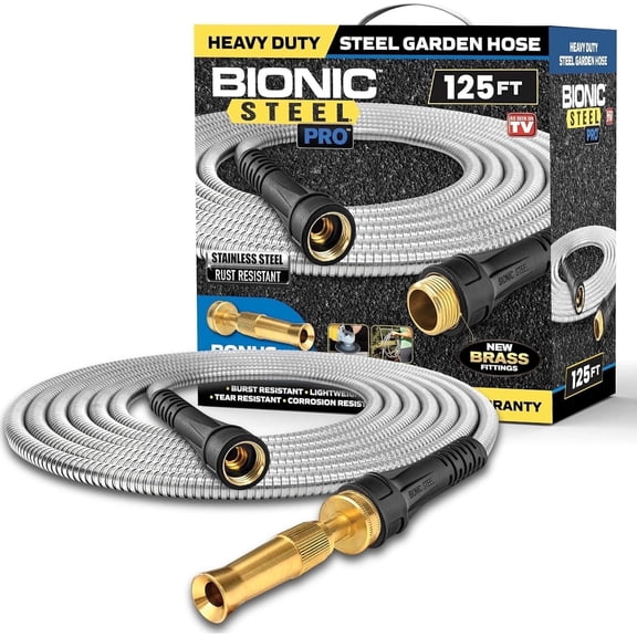 Bionic Steel Pro 125 FT Garden Hose with Nozzle, 304 Stainless Steel Metal Water Hose 125Ft, Flexible Hose, Kink Free, Lightweight and Durable, Crush Resistant Fitting, Easy to Coil, 500PSI