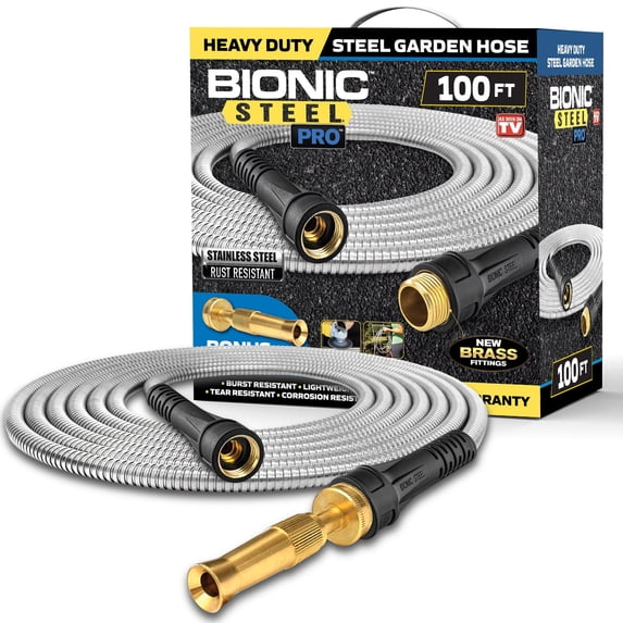 Bionic Steel Pro Garden Hose 100' ft Water Hose Outside Heavy Duty Metal Hose Stainless Steel w/ Spray Nozzle Kink-Free
