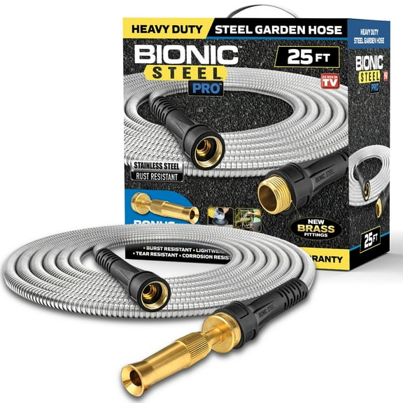 Bionic Steel Pro Garden Hose 25' ft Water Hose Outside Heavy Duty Metal Hose Stainless Steel w/ Spray Nozzle Kink-Free