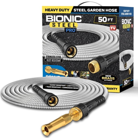 Bionic Steel Pro Garden Hose 50' ft Water Hose Outside Heavy Duty Metal Hose Stainless Steel w/ Spray Nozzle Kink-Free