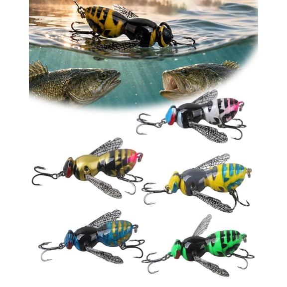 Bionic Wasp Topwater Lure Realistic Floating Hard Bait Insect Top Water Lures with Rattle Balls Moving Wings Carbon Steel Treble Hooks Tackle for Bass Walleye Freshwater Saltwater