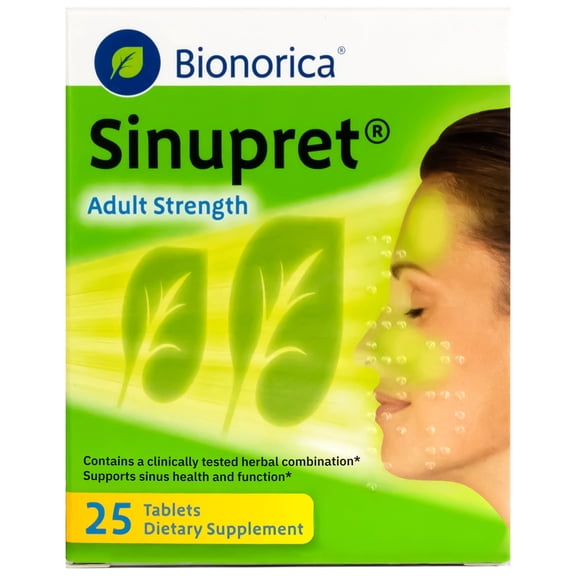 Bionorica Sinupret Adult Strength Sinus + Immune Support All Natural, Fast Acting Herbal Nasal Passage & Immunity Boost Supplement with Verbena & Elder Flower - 25 Tablets