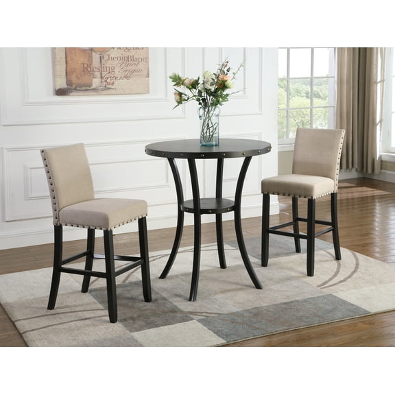 Biony 3-Piece 36" Round Espresso Bar Table Set with 2 Tan Fabric Nailhead Pub Chairs - Cozy Kitchen Dining, 2-Seater Breakfast Nook Furniture, Wood Top & Metal Frame, On-Trend Flair