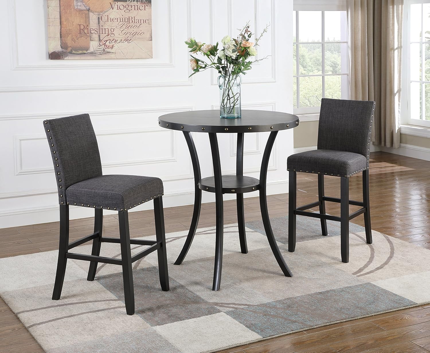 Biony 3-Piece Round Espresso Bar Table with Nail Head Stools, Gray ...