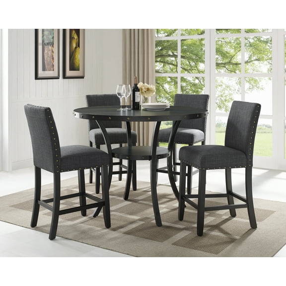 Biony Espresso Wood Counter Height Dining Set - Round Table & 4 Grey Fabric Stools, Nailhead Trim, Metal Frame, for Kitchen/Dining Room. Seats 4.