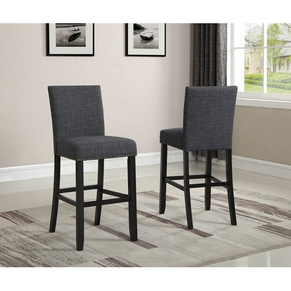 Biony Fabric Bar Stools with Nailhead Trim, Set of 2, Grey