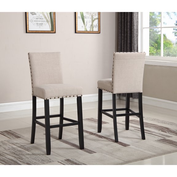 Biony Fabric Bar Stools with Nailhead Trim, Set of 2, Tan