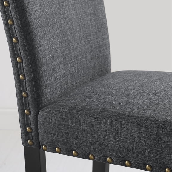 Biony Gray Linen-Cotton Fabric Dining Chairs with Brass Nailhead Trim - Set of 2, Sturdy Hardwood Frame, Espresso Legs, 18.25"W x 24.75"D x 38"H, Perfect for Dining Room & Kitchen
