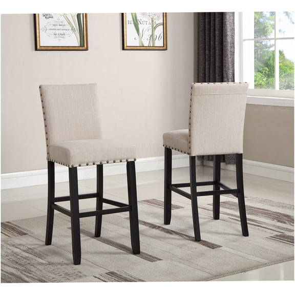 Biony Tan Fabric Bar Stools with Nailhead Trim, Set of 2 for Kitchen Island Counter Seating