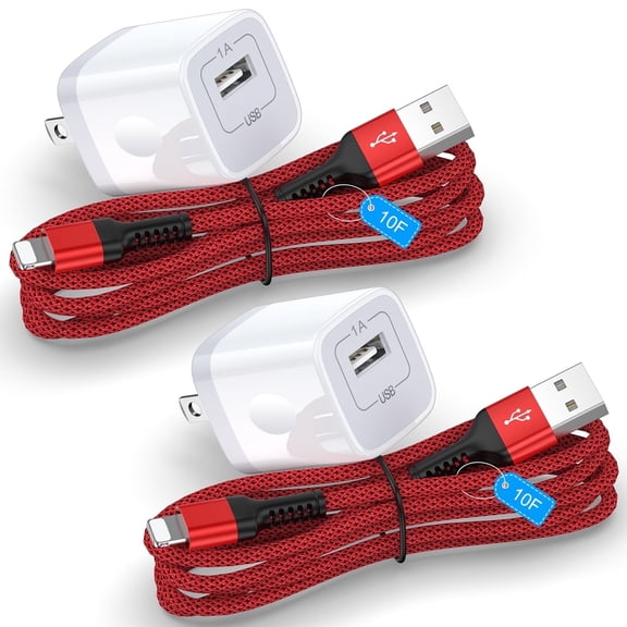 Compatible for iPhone Charger Block,2 Pack Charging Block with 10FT Charging Cable,USB Wall Charger Adapter Plug Fast Charging Station Power Base with Charging Cable Compatible for iPhone,White+Red