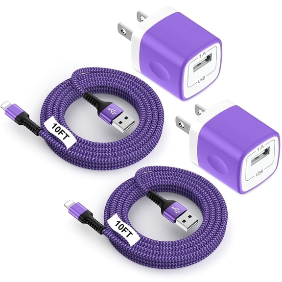 Compatible for iPhone Charger 2 Pack,Charger Block with Charging Cable 10FT,Wall Charger Charging Station Power Base with Charging Cord,USB Charger Adapter Compatible for iPhone 14 13 12 11(Purple)