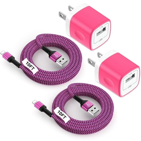 Compatible for iPhone Charger 2 Pack,Charger Block with Charging Cable 10FT,Wall Charger Charging Station Power Base with Charging Cord,USB Charger Adapter Compatible for iPhone 14 13 12 11(Pink)