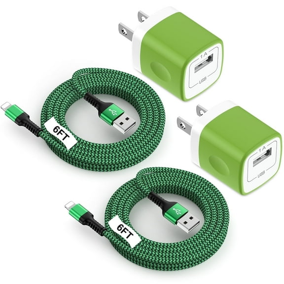Compatible for iPhone Charger Block, 2 Pack Wall Charger Adapter with 6FT Charging Cable, USB Brick Cube Wall Charger Adapter Plug Fast Charging Station Power Base Compatible for iPhone, Green