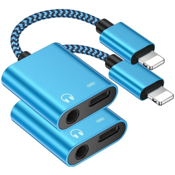 Bioonis Compatible for iPhone Headphone Adapter 2 Pack, 2 in 1 Charging to 3.5 mm Headphone Jack Adapter, AUX Audio + Charger Splitter Dongle Compatible with iPhone, Support All iOS System(Blue)