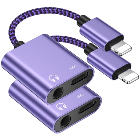 Bioonis Compatible for iPhone Headphone Adapter 2 Pack, 2 in 1 Light-ning to 3.5 mm Headphone Jack Adapter, AUX Audio + Charger Splitter Dongle Compatible with iPhone, Support All iOS System(Purple)