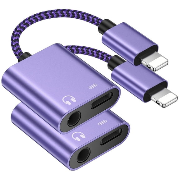 Bioonis Compatible for iPhone Headphone Adapter 2 Pack, 2 in 1 Light-ning to 3.5 mm Headphone Jack Adapter, AUX Audio + Charger Splitter Dongle Compatible with iPhone, Support All iOS System(Purple)