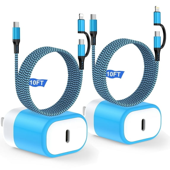 Compatible for iPhone Charger, 20W USB C Charger Block with 10FT Charging Cable, 2 Pack Type C Block+2 in 1 Charging Cable, Wall Charger Adapter USB C Brick Power Station Compatible for iPhone,Blue