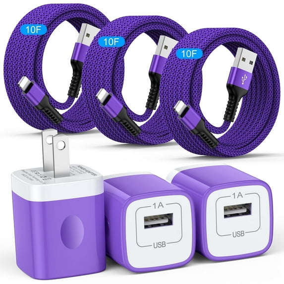 Compatible for iPhone Charger Block, 3 Pack USB Charging Block with 10FT Charging Cable, USB Wall Charger Adapter Plug USB Brick Cube Fast Charging Station Power Base Compatible for iPhone, Purple