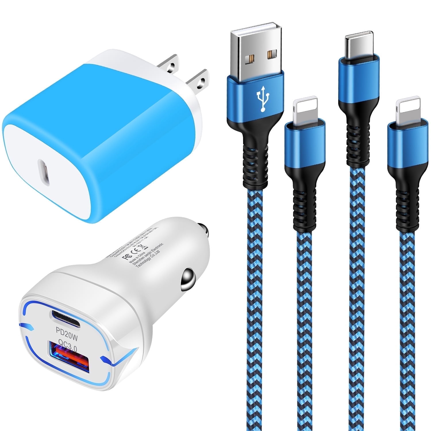 Bioonis Compatible for iPhone Car Charger, 38W Dual Port Car Charger Adapter+20W USB-C Charger Block+6FT&10FT Charging Cable, Car Cigarette Lighter Socket Plug Compatible for iPhone, Blue