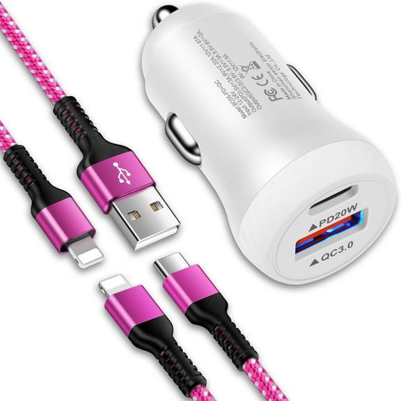 Bioonis Compatible for iPhone Car Charger, 38W Dual Port USB C Car Charger Adapter+6FT USB C to Light-ning Cable & Light-ning Cable, Type C Car Cigarette Lighter Compatible with iPhone, Samsung(Pink)