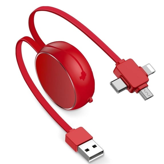 Bioonis Retractable Charging Cable, 3 in 1 Multi USB Cable 3.3FT Charging Cord USB Cable Adapter with Light-ning Cable USB C Type C Micro USB Charger Cord Compatiable for iPhone Samsung Android, Red
