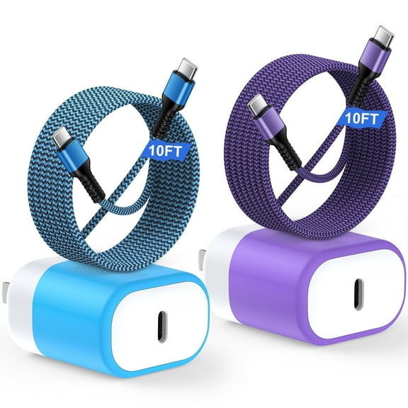 Bioonis USB C Charger Block, 2Pack 20W PD Charger Block with USB C to C Cable 10ft, Type C Block Wall Charger Plug USB C Brick Charging Station Compatiable for iPhone 15, iPad,Android, Mixed