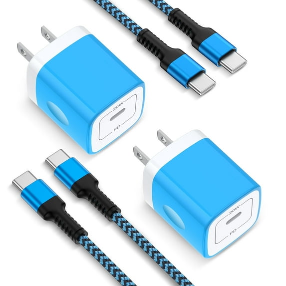 Bioonis Compatible for iPhone Charger USB C Charger Block 2Pack,20W PD USB Wall Charger Adapter with USB C to C Cable 10FT,Type C Charger Cube Charging Block Compatible for iPhone 15 16,iPad,Blue