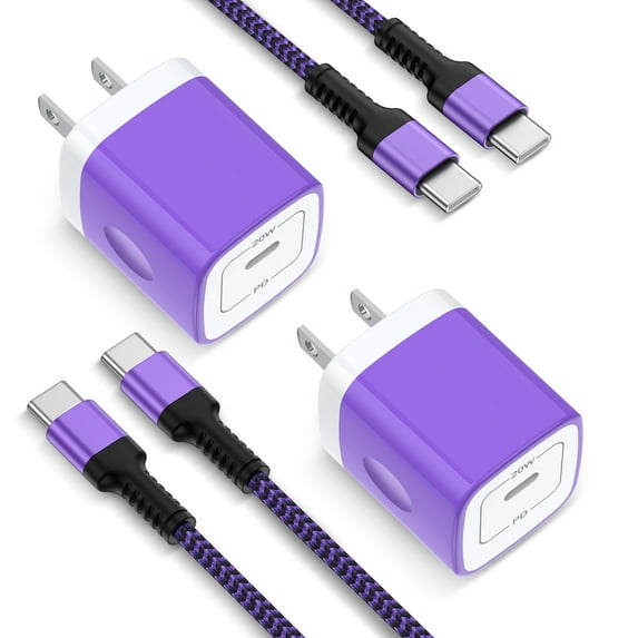 Bioonis Compatible for iPhone Charger USB C Charger Block 2Pack,20W PD USB Wall Charger Adapter with USB C to C Cable 10FT,Type C Charger Cube Charging Block Compatible for iPhone 15 16,iPad,Purple