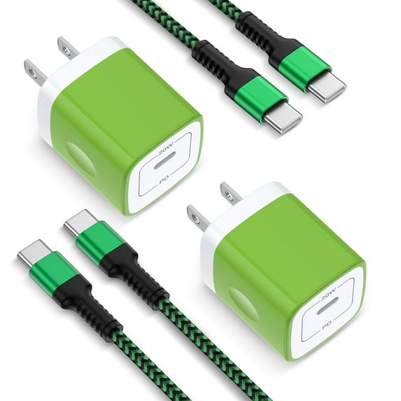 Bioonis Compatible for iPhone Charger USB C Charger Block 2Pack,20W PD USB Wall Charger Adapter with USB C to C Cable 10FT,Type C Charger Cube Charging Block Compatible for iPhone 15 16,iPad,Green