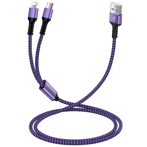 Bioonis Compatible for iPhone&Type C to USB A 2 in 1 Fast Charging Cable,4FT Dual Cable Nylon Braided Cord,3A Fast Charging&Data Sync Charger Cord Compatible with iPhone Samsung Google Pixel(Purple)