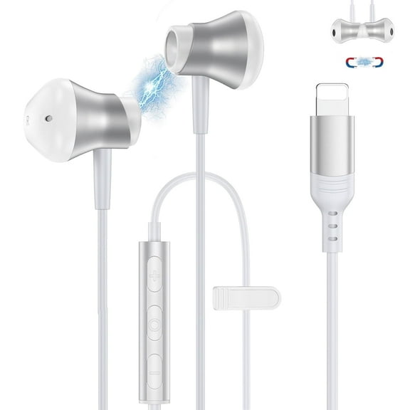 Compatible for iPhone Headphones, Magnetic Wired Earbuds Earphones with Microphone & Remote Control, Bass Stereo Noise Cancelling in-Ear Wired Headphone Compatible for iPhone/iPad, White