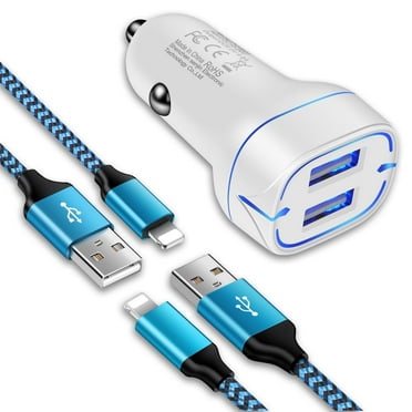 Bioonis Compatible for iPhone Car Charger, Dual USB Car Charger Adapter with 2 Pack 6FT Light-ning Cable, USB Car Cigarette Lighter Socket, Fast Charging Cords USB Cables Compatible for iPhone, Blue