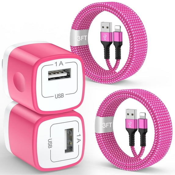 Compatible for iPhone Charger Block, 2 Pack USB Wall Charger Block with Charging Cable 3FT, USB Brick Cube Charger Adapter Charging Station Power Base Wall Charger Plug Compatible for iPhone, Pink